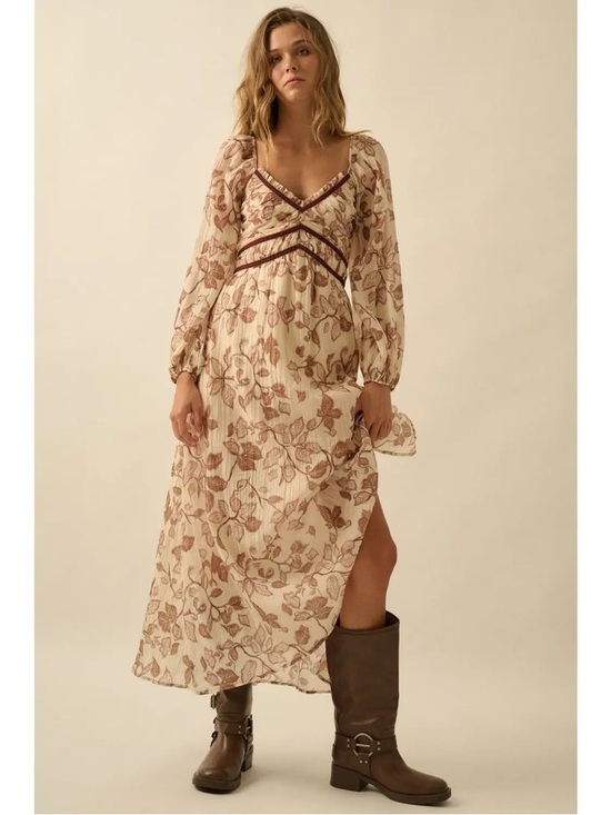Promesa USA Dresses & Skirts - Boho Floral Maxi Dress in Cream and Brown with V-Neck Detail